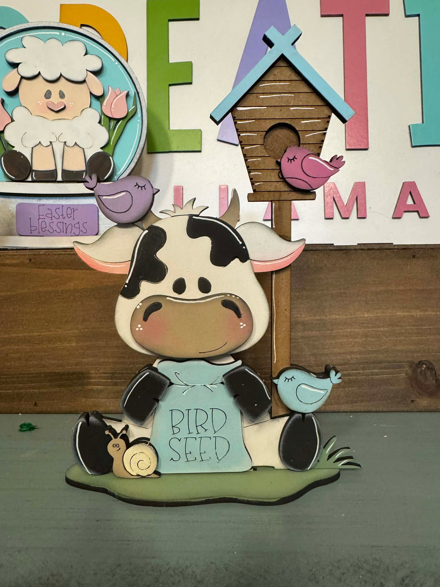 Spring Dairy Cow Birdhouse Shelf Sitter